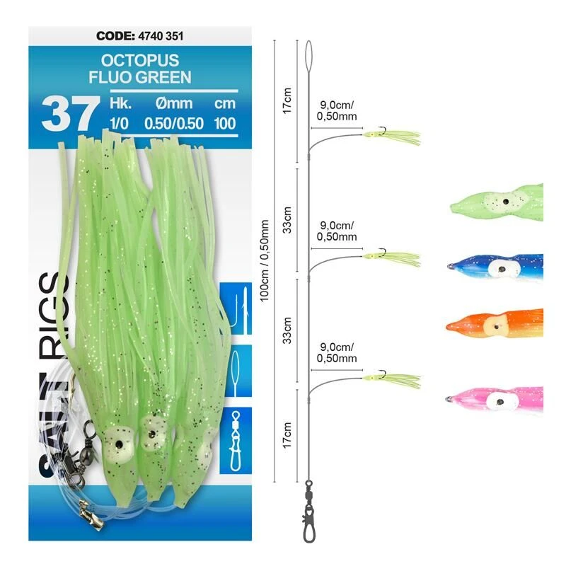 Spro Saltwater Salt Rig #37 Octopus Fluo Green, Bleu White En Orange Yellow